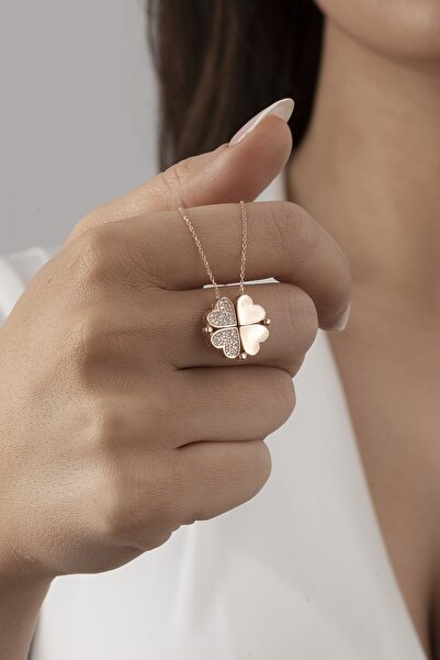 ESSARE 925 Ayar Gümüş Mıknatıslı Ayrılabilir 4 Kalpli Yonca Kolye