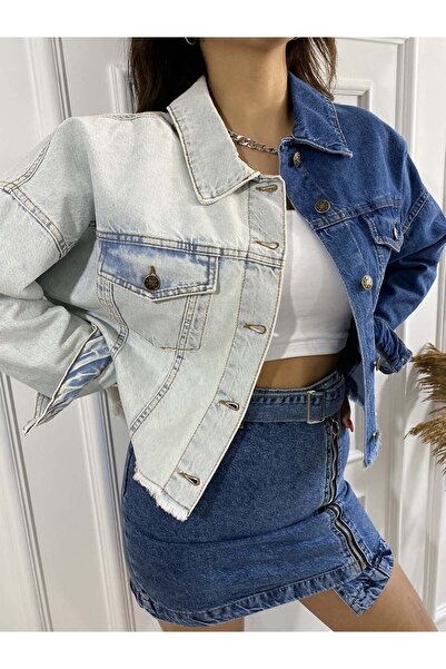 efstyle Çift Renkli Oversize Sırt Detaylı Kot Ceket