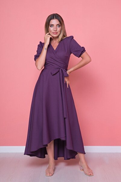 Bidoluelbise Kadın Asimetrik Kesim Mürdüm Önü Kısa Arkası Uzun Kruvaze Yaka Elbise