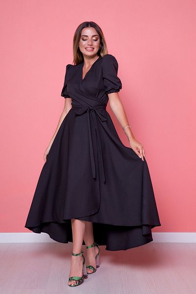 Bidoluelbise Rochie de damă cu croiala asimetrică, neagră, scurtă în față, în spate lung, cu guler dublu