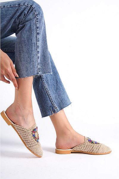 Moda Değirmeni الجلد الدانتيل المرأة الدانتيل النعال الحجر الملون Bg1163-122-0002