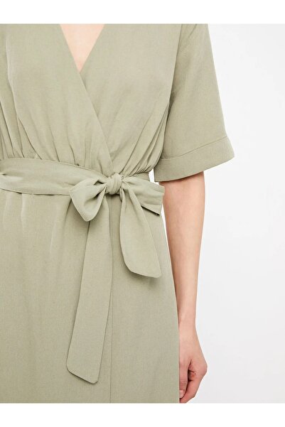 LC Waikiki Lcw Vision Dvouřadý límec Jednoduchý Lněná směs s krátkým rukávem Dámské šaty