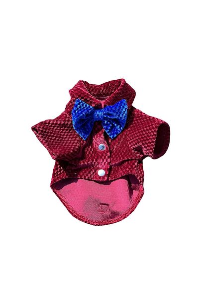 Bi Dolap Ponçik Bi Velvet Shirt Burgundy Saks Blue Bow Tie Silk Velvet Cat Dog Outfit & Shirt