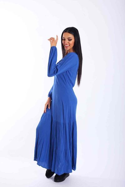 Blues Outlet Kadın Yakası Bağcıklı Parçalı Elbise-mavi