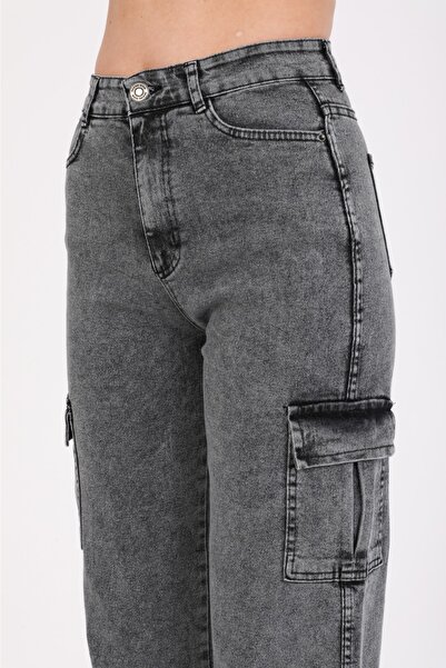 SHEVEGA Anthracite Cargo Pocket Lycra Ψηλόμεση Φαρδύ τζιν παντελόνι με φαρδύ πόδι