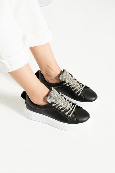 İnan Ayakkabı Pantofi sport și pantofi sport cu detalii de piatră de culoare neagră pentru femei, talpă de 4 cm