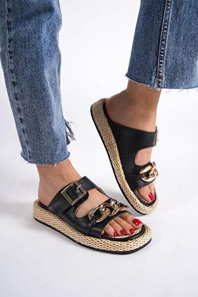 Modabuymus Mambo Chain Buckle Black Daily Papuci de femei din paie