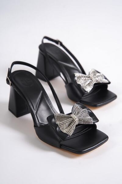 Modabuymus April Black Stone Bow Thick Heeled Sandals
