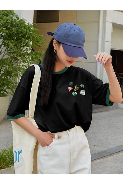 Machetta Large Size 6-Piece Sticker Look Collar Sleeve Colorful 100% Cotton Oversize T-shirt