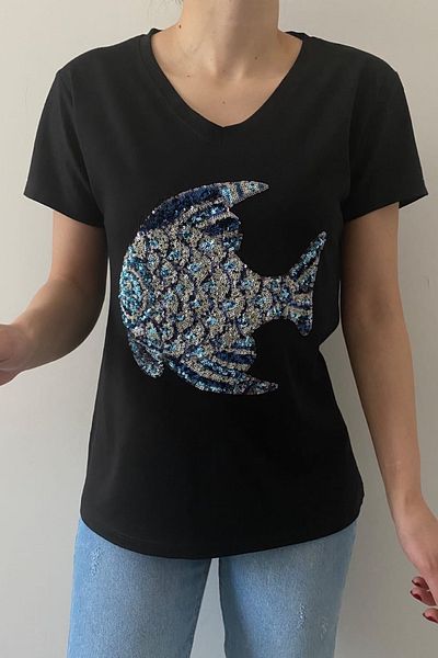FEMELLE Tricou negru pentru femei, cu decolteu în V, cu paiete de pește, brodat din bumbac 100%