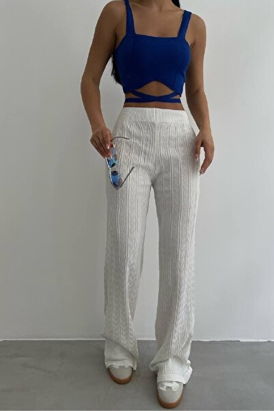 lovebox Women's White Openwork Knitted Trousers 23s01022