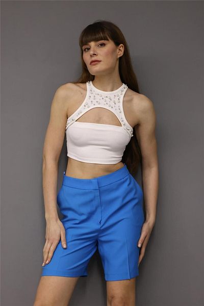 Lefon Top de damă brodat Crop alb