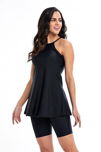 Adasea Black Strap Dress Tights Swimsuit Slim Grecian Collar 2 Piece Set 3509