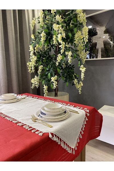 Realhomes Χειροποίητο Φυσικό 100% Οργανικό Βαμβάκι Τρίγωνο Runner με φούντες 4 άκρων