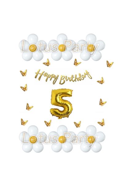 LOTUS PARTY 5 Year Old Butterfly Daisy Themed Balloon Set White Yellow Balloon Happy Birthday Gold Lettering - Gold Number