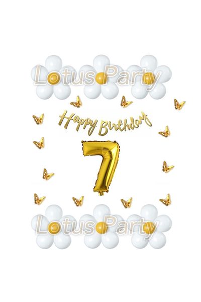 LOTUS PARTY 7 Year Old Butterfly Daisy Themed Balloon Set White Yellow Balloon Happy Birthday Gold Lettering - Gold Number