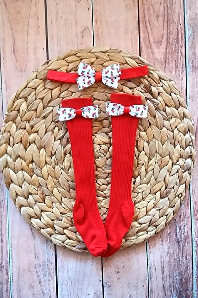 Panowill Design Baby Girl Cherry Ribbon Decorated Socks and Headband Set