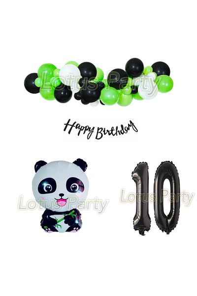 LOTUS PARTY 10 Year Old Panda Themed Balloon Party Set - Panda Foil Balloon Black Happy Text Black Figure Foil Balloon