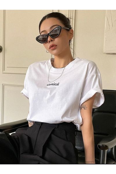 Josette Μπλουζάκι Unisex Λευκό Classic Printed Crew Neck Oversize