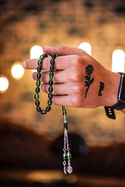 The Collection Mărgele de rugăciune din piatră naturală de chihlimbar de foc tăiat cu orz negru verde