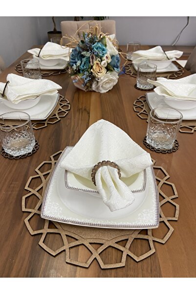 Defne Sepeti خدمة أمريكية، طقم عشاء خشبي 18 قطعة، 6 قطع، قاعدة أكواب 6 قطع، ح...