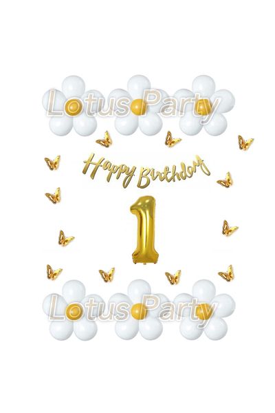 LOTUS PARTY 1 Year Old Butterfly Daisy Themed Balloon Set White Yellow Balloon Happy Birthday Gold Lettering - Gold Number
