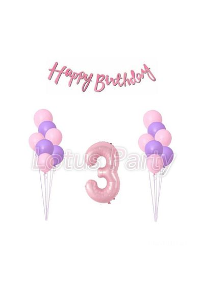 LOTUS PARTY 3 Years Old Pink Lilac Balloon Set - 15 Balloons - Pink Happy Birthday Text - Pink Number Foil Balloon