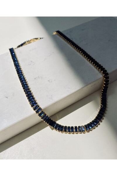 Lilyum Aksesuar Lacivert Baget Taşlı Su Yolu Çelik Kolye