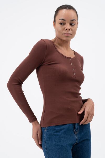 PUNKY CAT Women's Brown Snap-On Knitted Long Sleeve Blouse