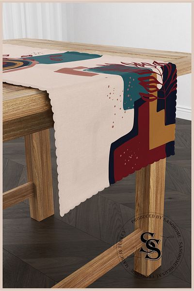 SasoHome Harmony Of Blue and Red Patterned Digital Printed Decorative Runner