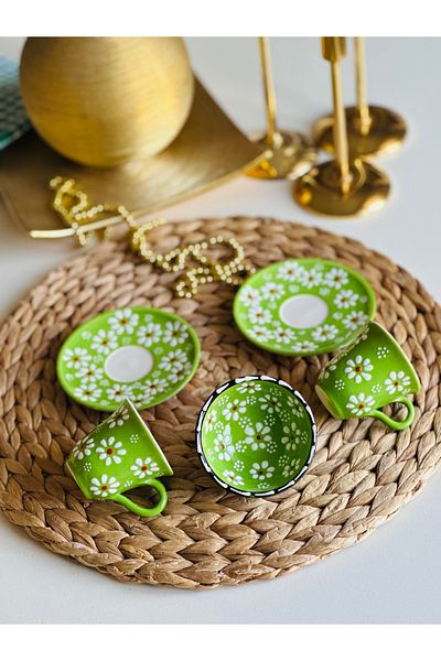 Den Tasarım Hediyelik Mother's Day Special Green Daisy Flower 2-Person Coffee Cup Set and Bowl