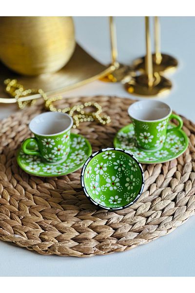 Den Tasarım Hediyelik Mother's Day Special Green Daisy Flower 2-Person Coffee Cup Set and Bowl