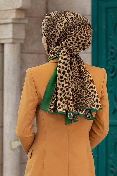 Vissona Γυναικείο πολυτελές μεταξωτό σάλι Medina Mustard - Emerald Green
