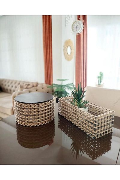 Egindra Rope Wicker Cornered and Round 2-Piece Basket Organizer Handmade