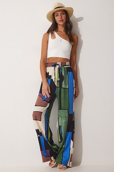 Happiness İstanbul Pantaloni largi din viscoză de vară, verzi, maro, cu model MX00089