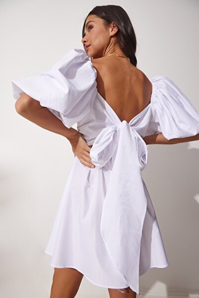 Happiness İstanbul Dámské bílé tkané šaty s balónkovým princeznovým rukávem s páskem FN03049