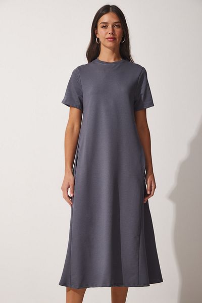 Happiness İstanbul Anthrazitfarbenes A-Linien-Sommerkleid aus gekämmter Baumwolle UB00060