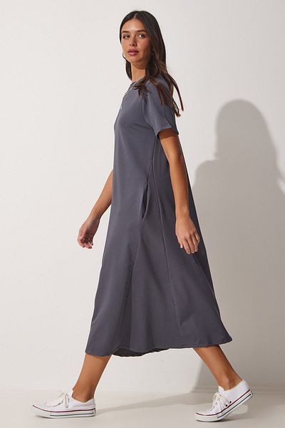 Happiness İstanbul Anthrazitfarbenes A-Linien-Sommerkleid aus gekämmter Baumwolle UB00060