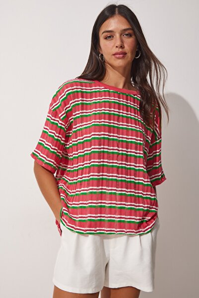 Happiness İstanbul Női sötét rózsaszín csíkos áttört kötöttáru blúz UB00054