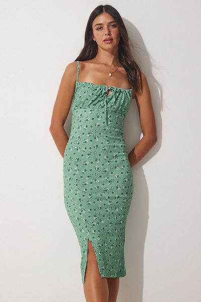 Happiness İstanbul Grünes Blumenmuster für Damen mit gerafftem Kragen, Sommer-Strickkleid FF00124