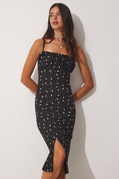 Happiness İstanbul Schwarzes Sommer-Strickkleid mit Blumenmuster und gerafftem Kragen für Damen FF00124