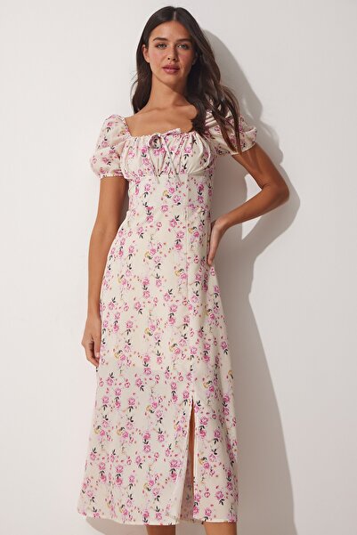 Happiness İstanbul Női krémes gallér virágos szatén felületű nyári ruha FF00125