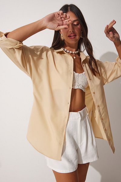 Happiness İstanbul Damska koszula latte oversize, długa basic DD00842