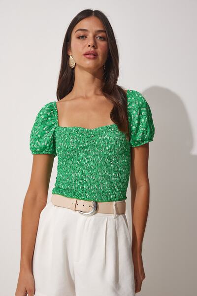 Happiness İstanbul Γυναικείο Πράσινο Floral Gathered Carmen Collar Crop Knitted UB00081