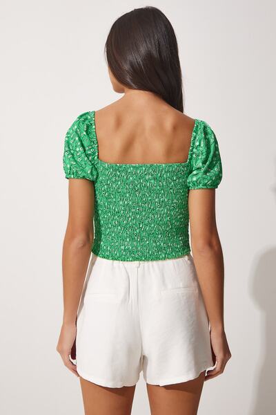 Happiness İstanbul Γυναικείο Πράσινο Floral Gathered Carmen Collar Crop Knitted UB00081