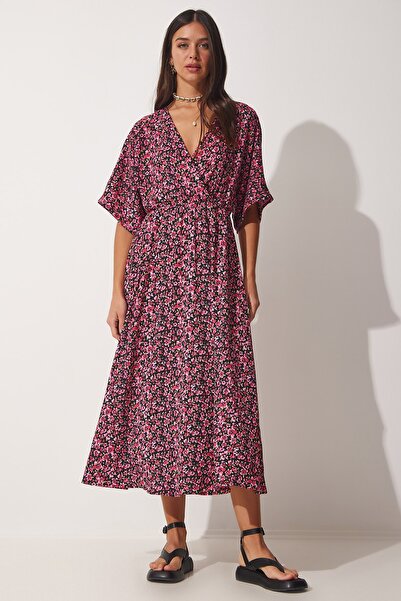 Happiness İstanbul Women's Red Black Floral Wrap Collar Loose Summer Knitted Dress DK00158