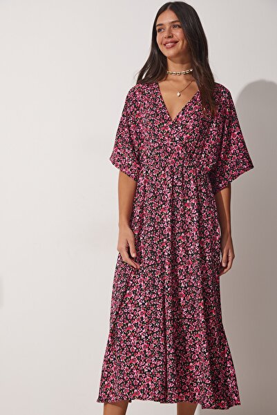 Happiness İstanbul Women's Red Black Floral Wrap Collar Loose Summer Knitted Dress DK00158