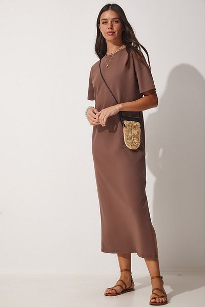 Happiness İstanbul Damen-Sommerkleid aus gekämmter Baumwolle aus brauner Baumwolle UB00080
