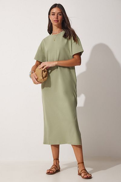 Happiness İstanbul Damen-Khaki-Baumwoll-Sommerkleid aus gekämmter Baumwolle UB00080