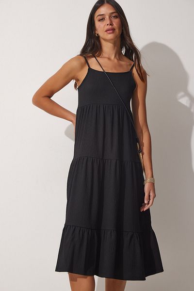 Happiness İstanbul Schwarzes Damen-Sommerstrickkleid mit Trägervolant und Volant UB00077